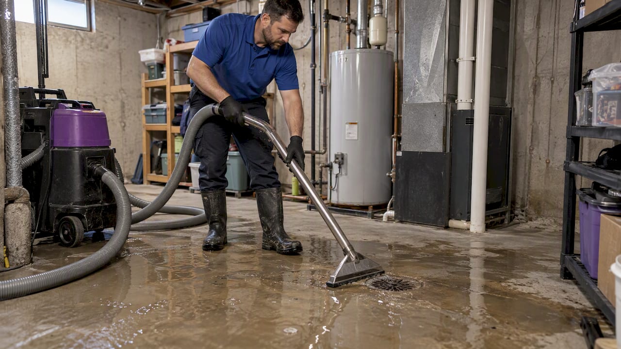 Technician extracting sewage backup water