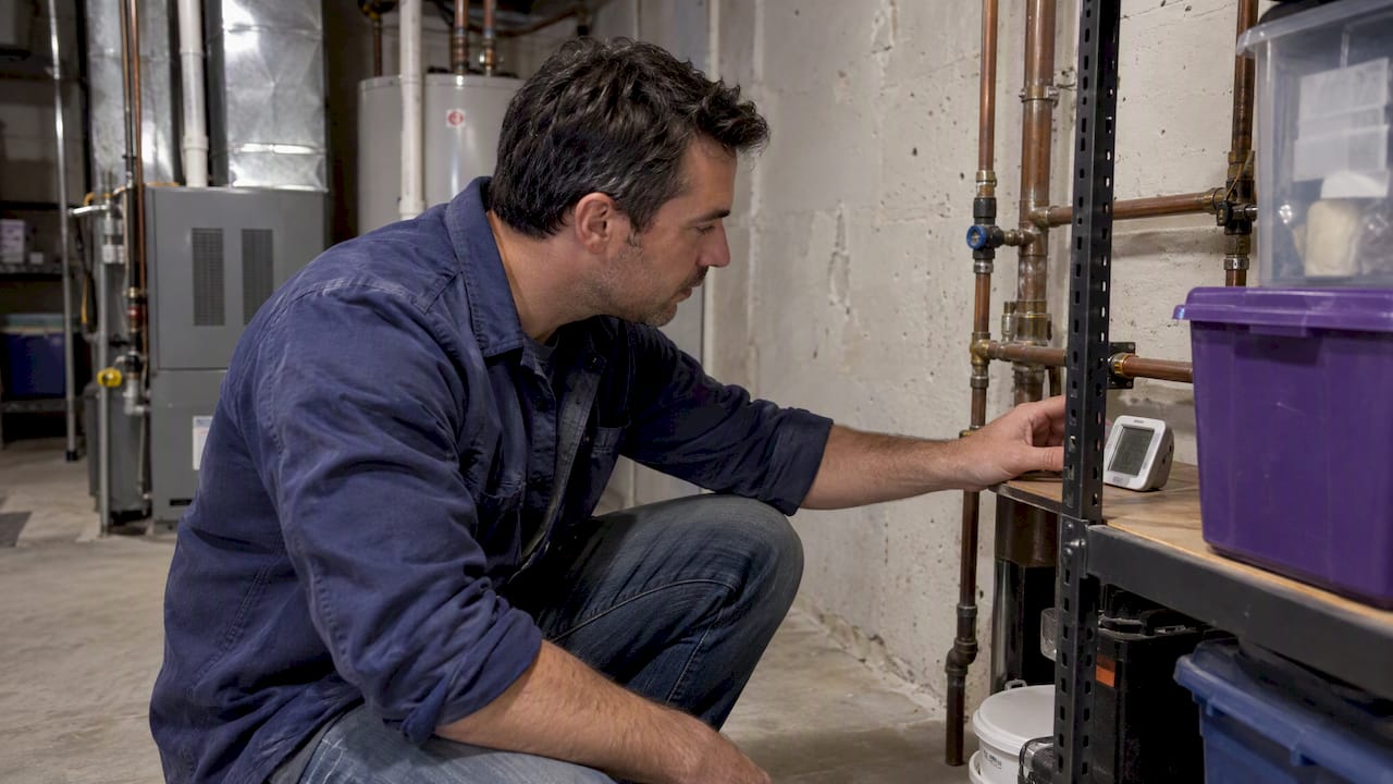 Homeowner checks a basement humidity gauge