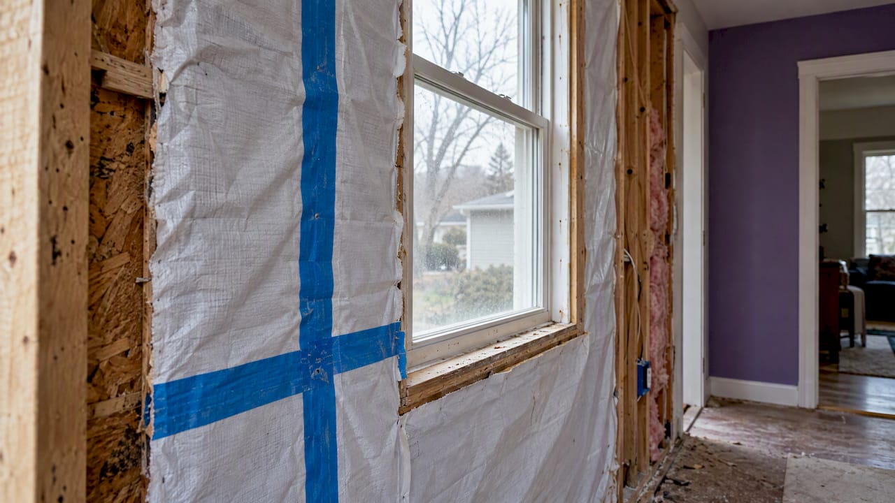 Exposed wall layers showing taped housewrap