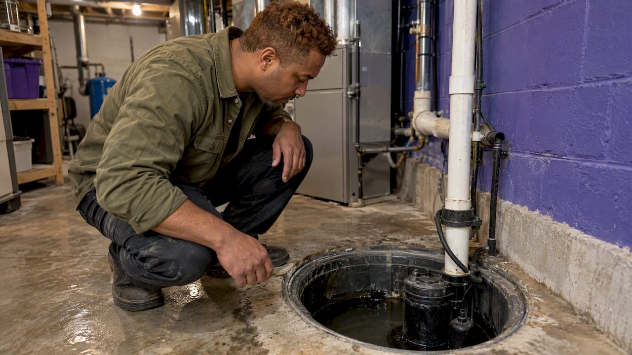 Homeowner checks a sump pump in basement